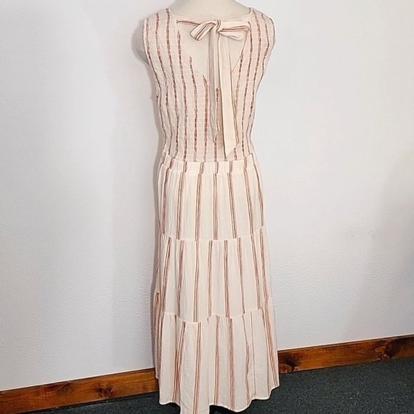 Wonderly Dress Cotton Striped Midi Smocked Bodice & Back Tie Neck Cream Size XL - Picture 8 of 14